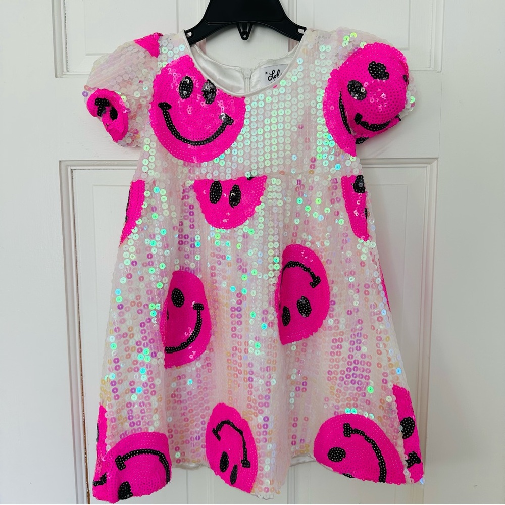 Lola + The Boys Pink Sequin Smiley Face Party Dress